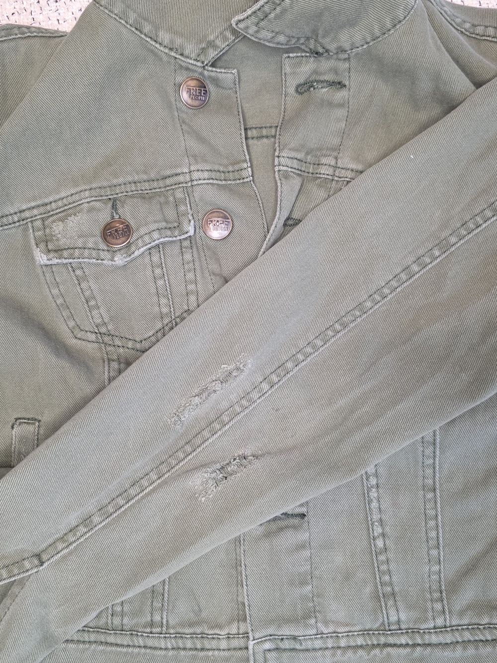 Free People Olive Green Distressed Denim Jacket Utility Trucker Boho - Picture 6 of 11